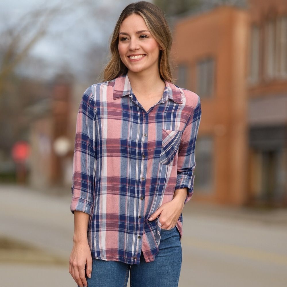 Faded Glory Plaid Button-Up Shirt